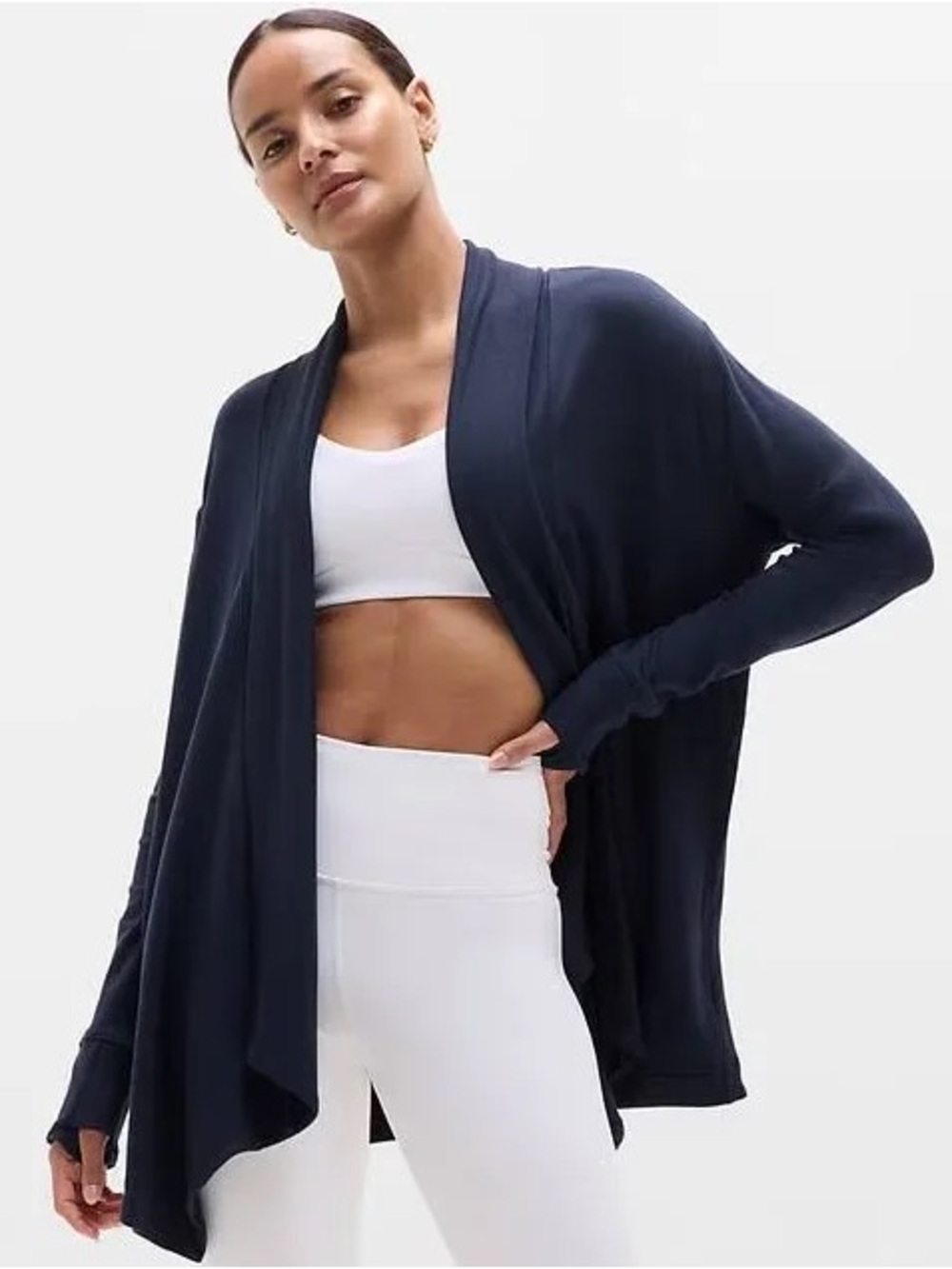 Athleta 1X Open Front Draped Wrap Cardigan Comfy Cozy Lounge Stretchy Navy Yoga
